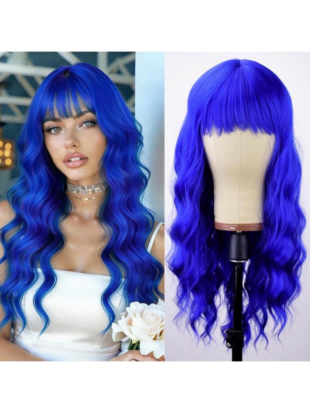 Women's Blue 26 Inch Natural Looking Synthetic Fiber Long Wavy Wigs Bangs